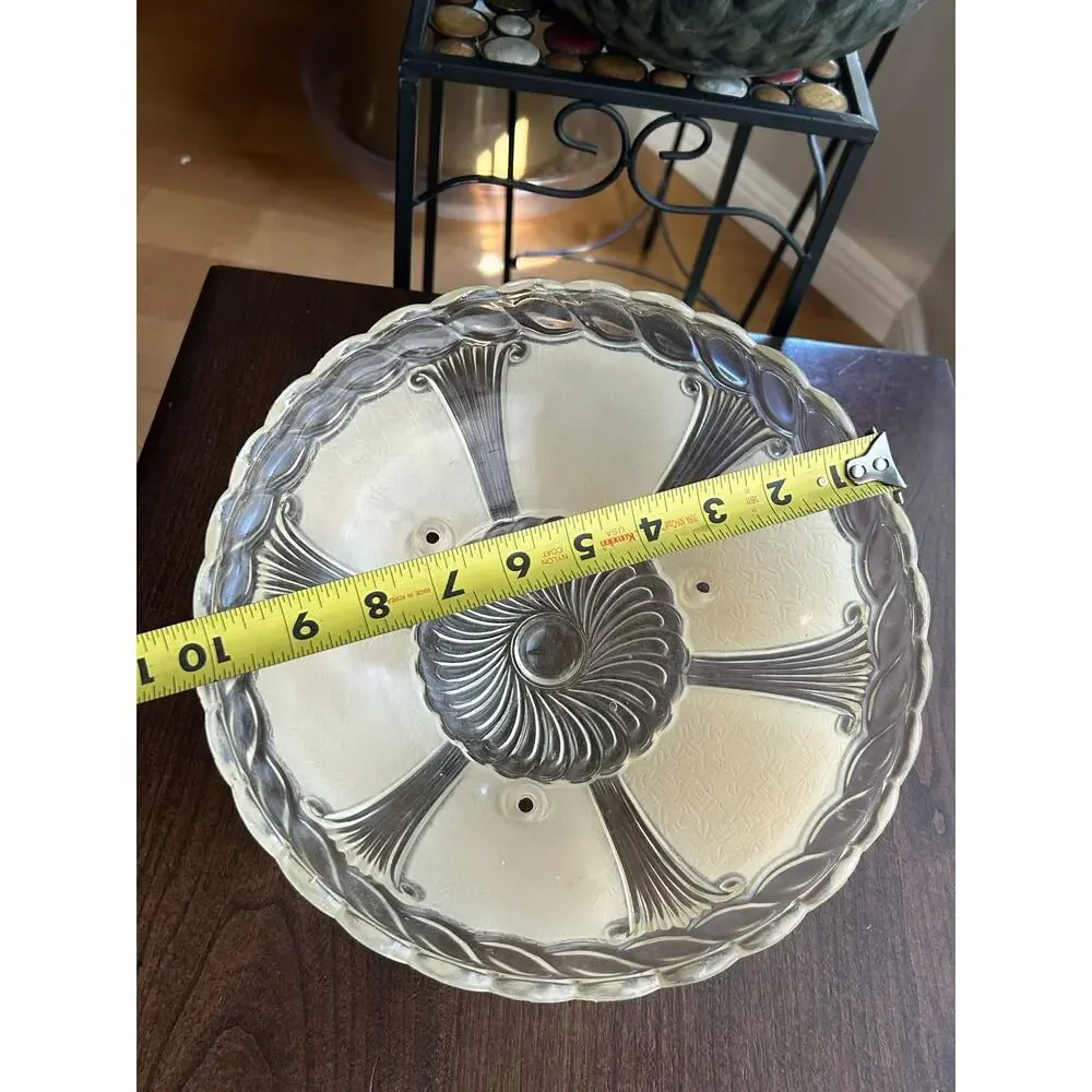 Vintage Art Deco Ceiling Clear & Creme Ornate Blown Glass Shade